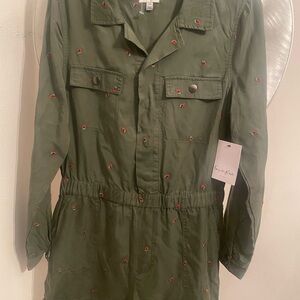 love, Fire Olive Jumpsuit with Red Embroidery